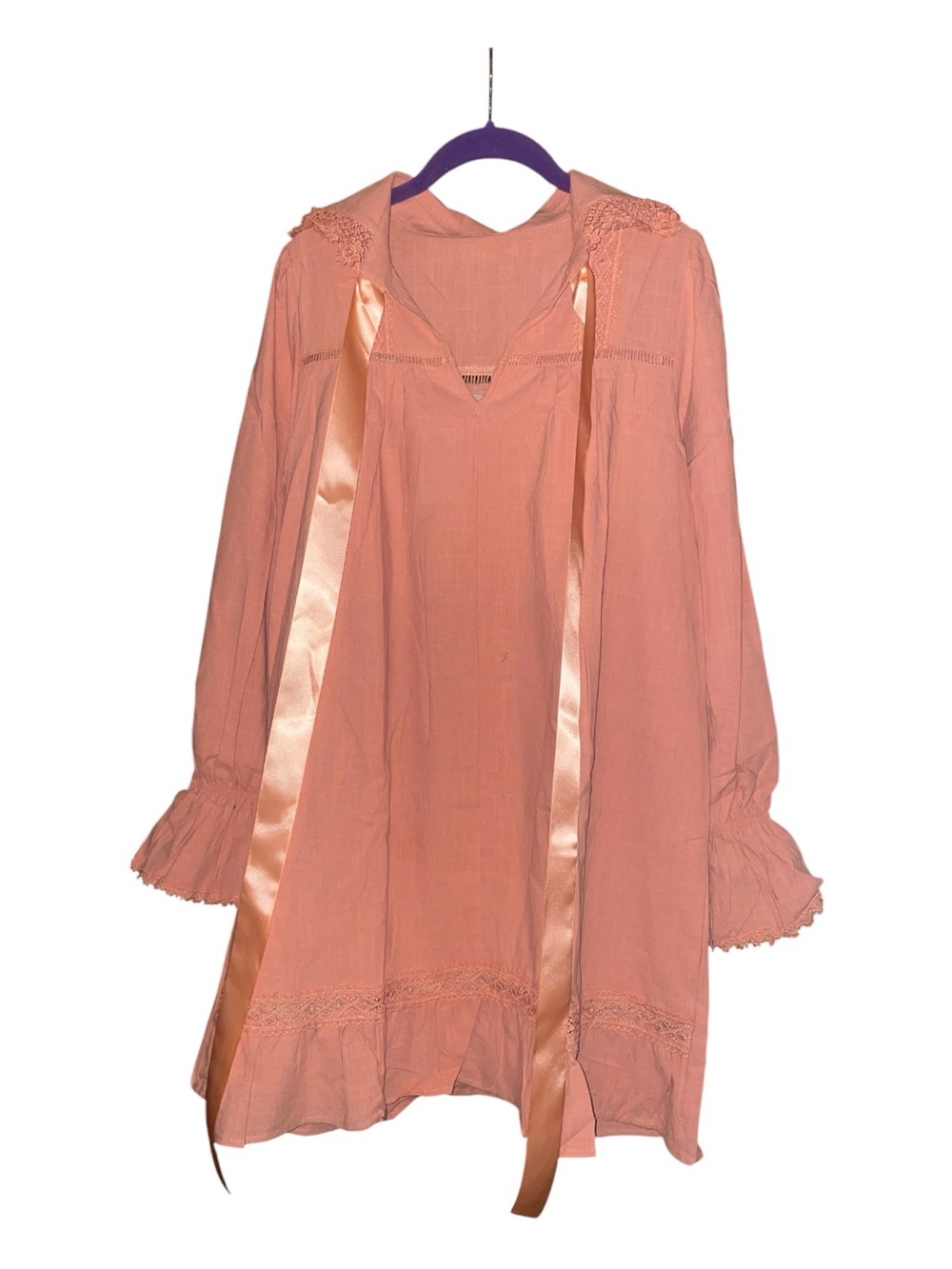 Peach Lace Crochet Babydoll Mini Dress Bell Sleeve Boho M NEW